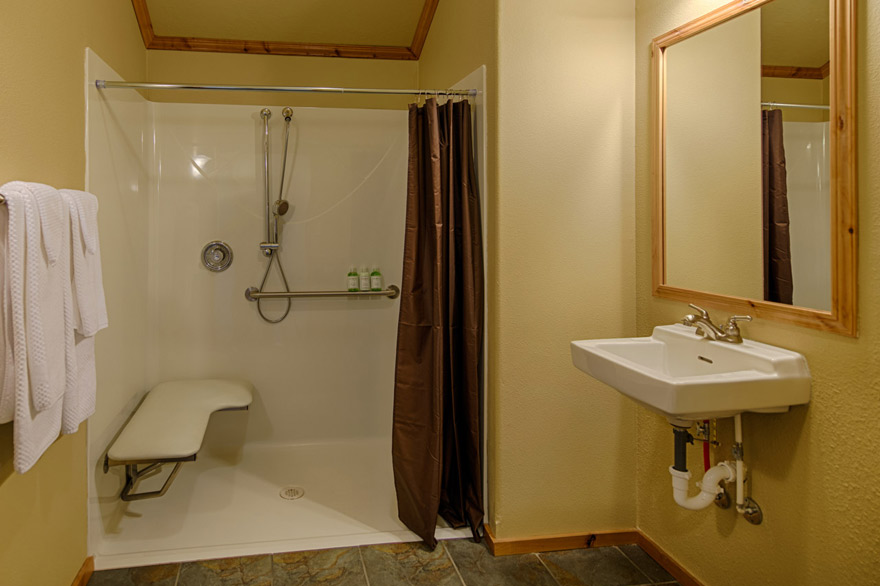 Two Old Faithful cabins are ADA accessible, with raised toilets, grab bars, and a shower seat.