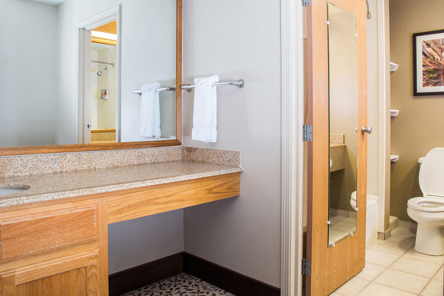 Gray Wolf Inn and Suites' family suite features a separate sink/vanity area outside of the main bathroom