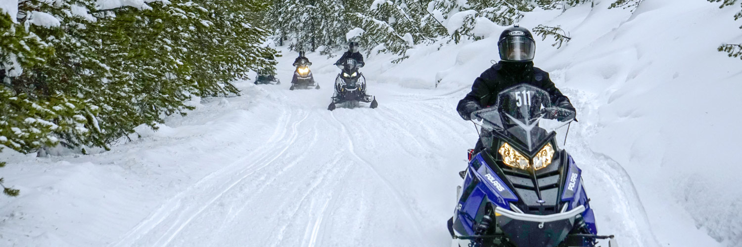 A group of snowmobile riders exploring the forests around West Yellowstone, MT