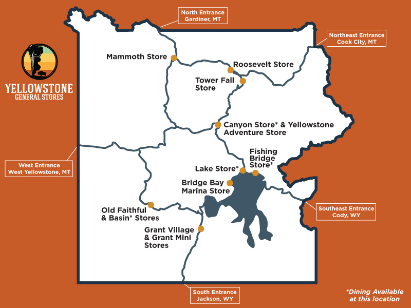 Map of Yellowstone National Park and the Yellowstone General Stores