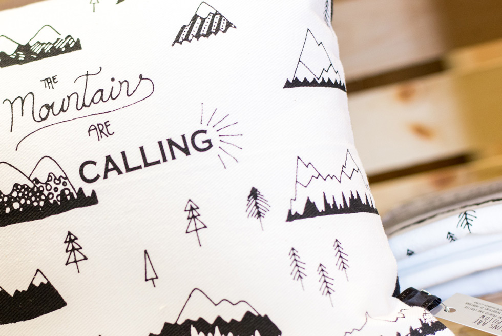 The Mountains are Calling pillow available for purchase at Yellowstone General Stores