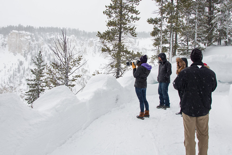Snowcoach passengers stop to take some photos at the Grand Canyon of the Yellowstone.